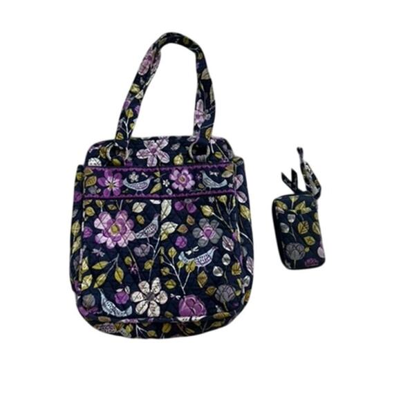 EUC Vera Bradley floral black and purple bag with matching coin and wallet purse - Picture 1 of 7